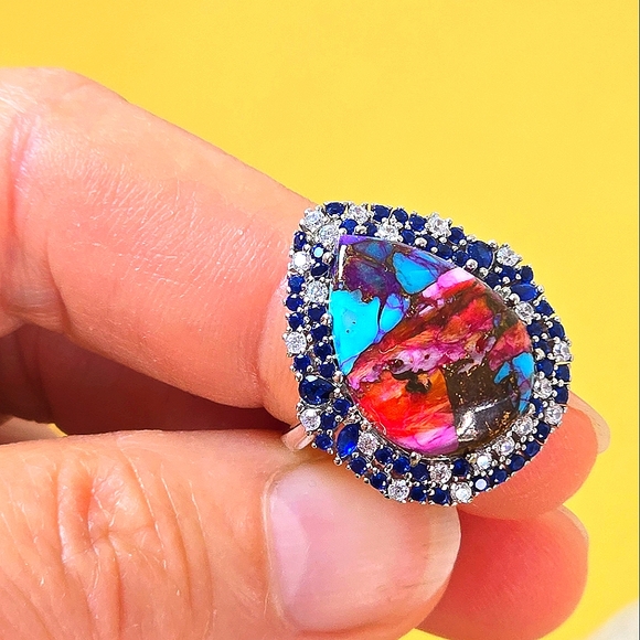925 Sterling Silver Ring Sz 7.5 with Mohave Oyster Turquoise & Nano Crystals - Picture 7 of 12